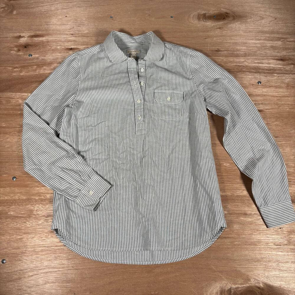 J.Crew Factory Stripped White Gray Roll Sleeve Popover Shirt 100% Cotton Size XS